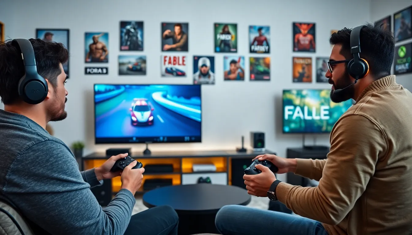 diverse gamers enjoying the latest Xbox games in a stylish room.