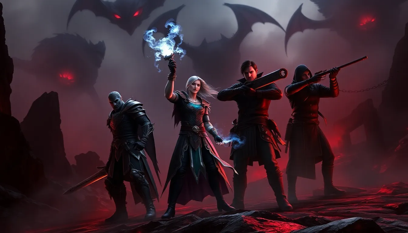 adventurers battling demons in a dark landscape.