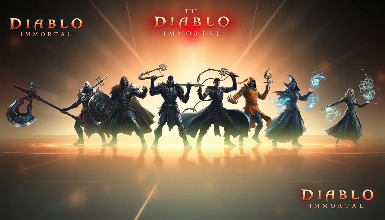 Various Diablo Immortal character classes depicted in a digital format.