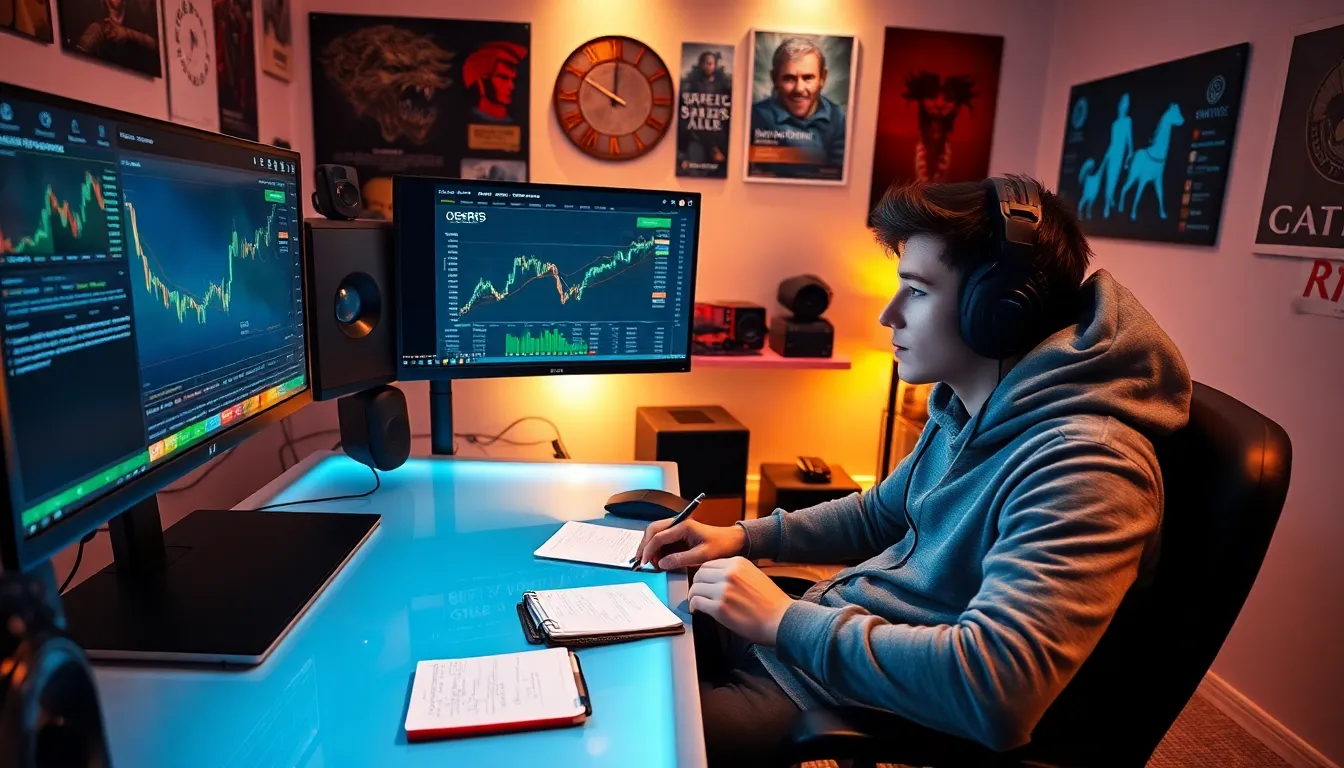 gamer analyzing OSRS market trends in a modern gaming setup.