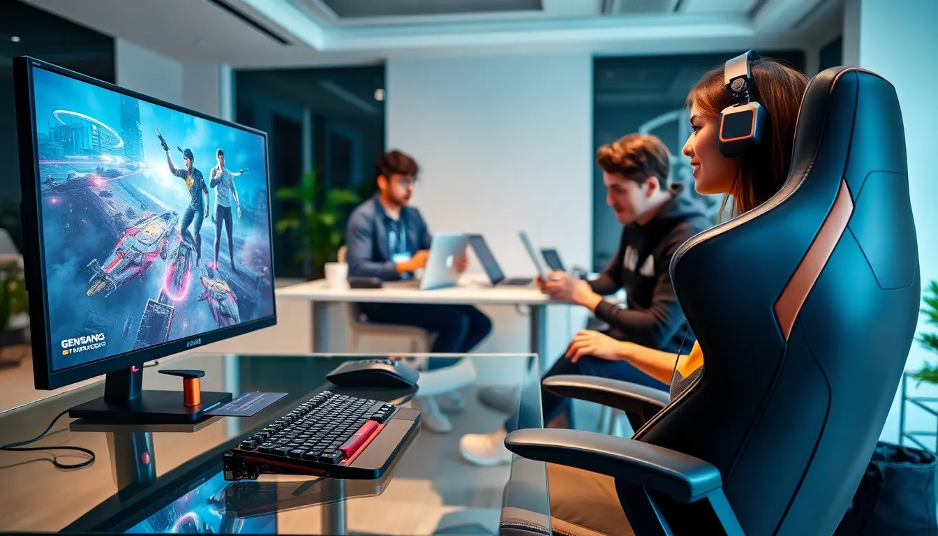 diverse professionals discussing gaming technology in a modern office.