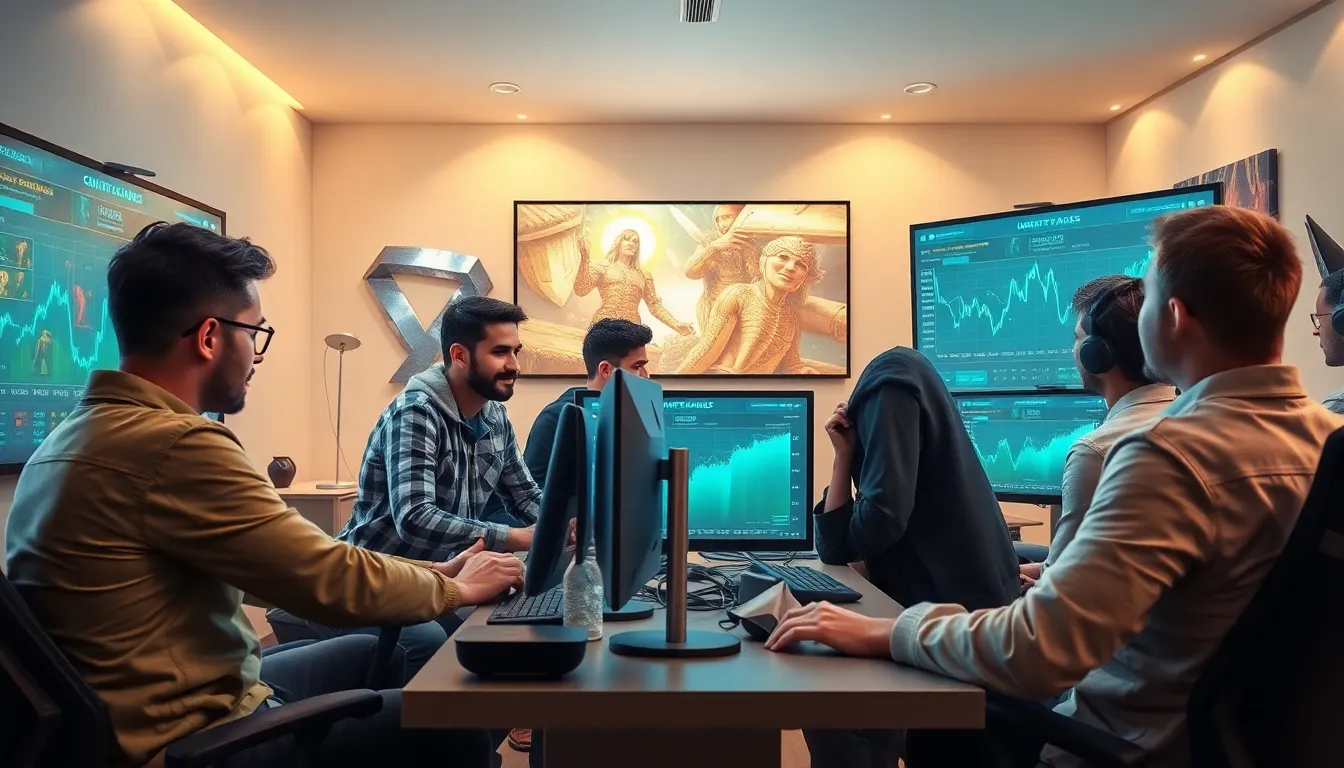 diverse gamers strategizing in a modern gaming room.