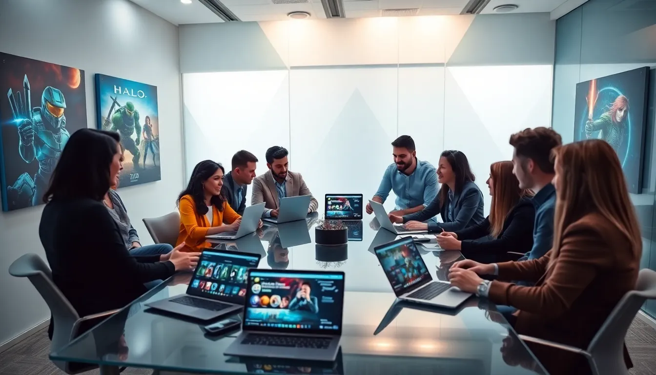 diverse gaming professionals discussing new game releases in a modern office.