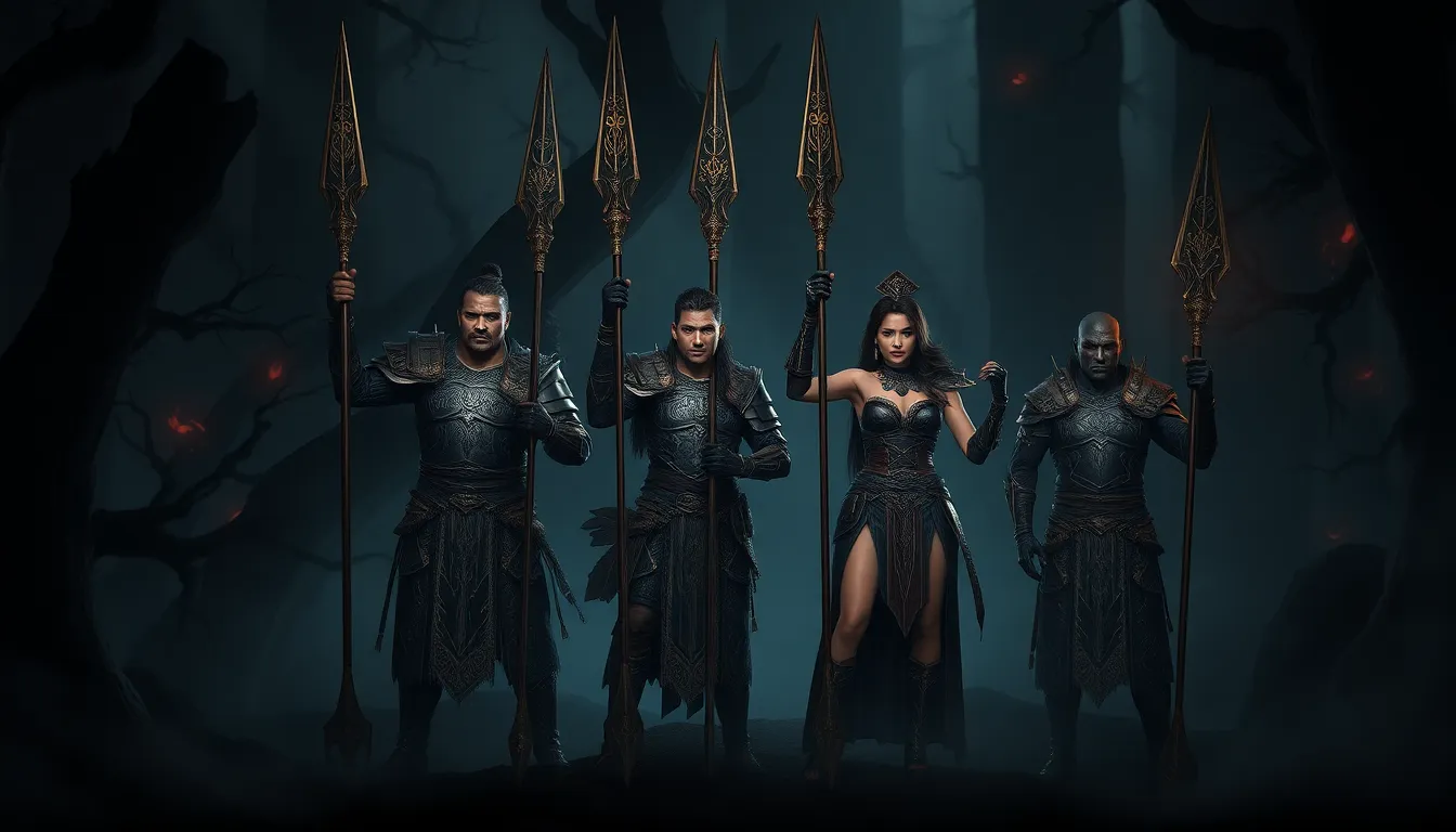 warriors with raised spears in a dark fantasy forest.