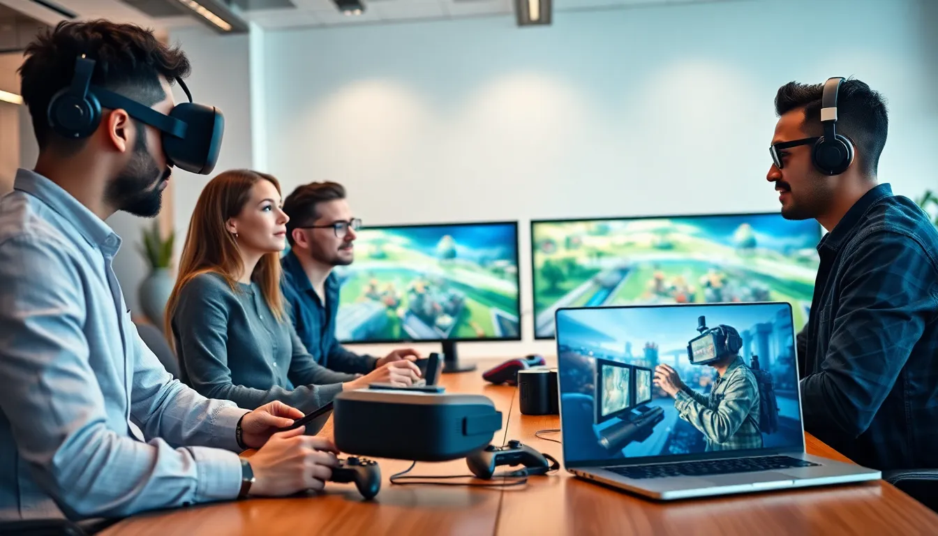 diverse team collaborating in a modern gaming studio.