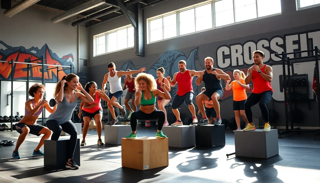 diverse group exercising in a vibrant CrossFit gym.