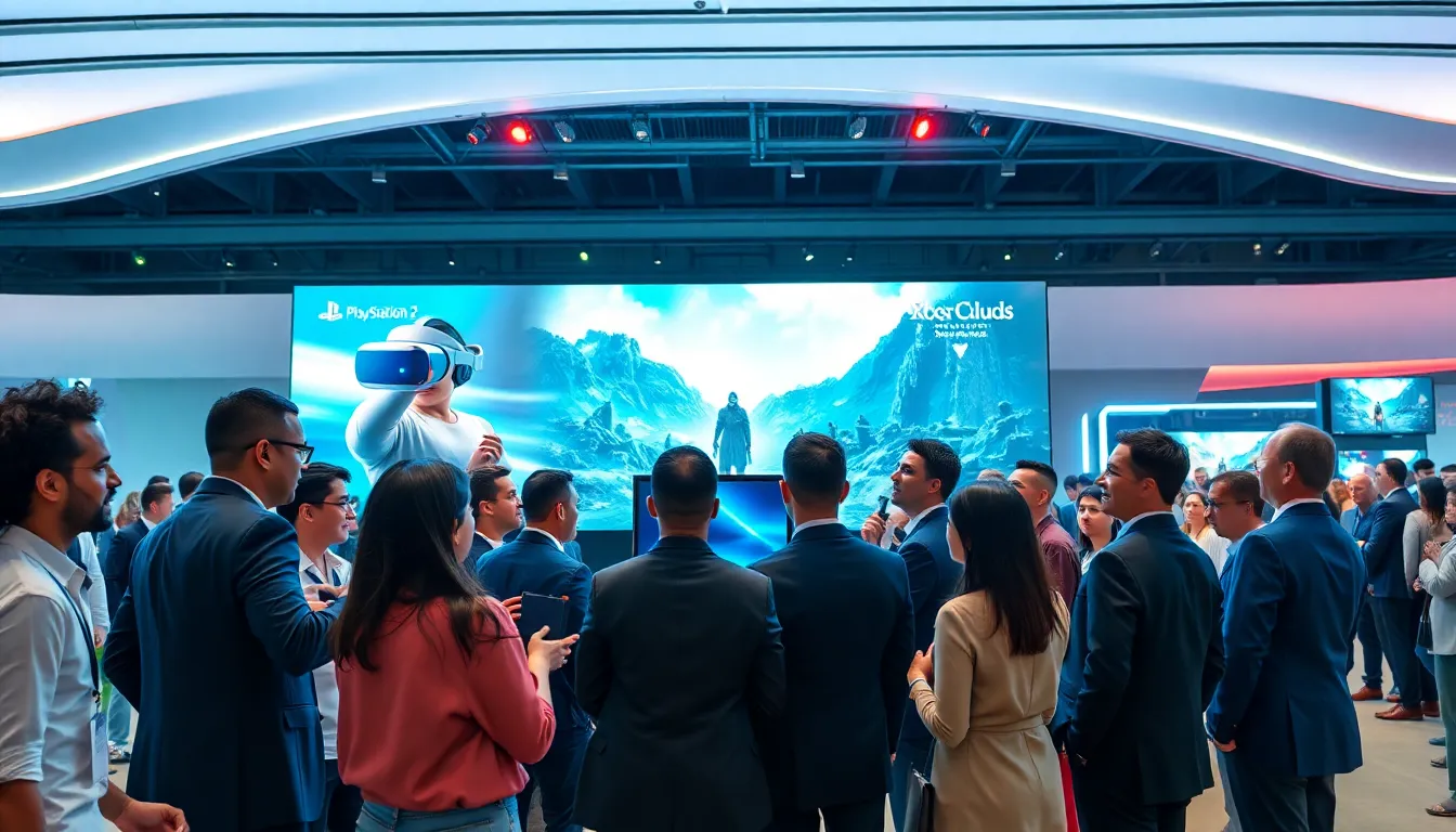 diverse professionals at a gaming conference discussing major announcements.