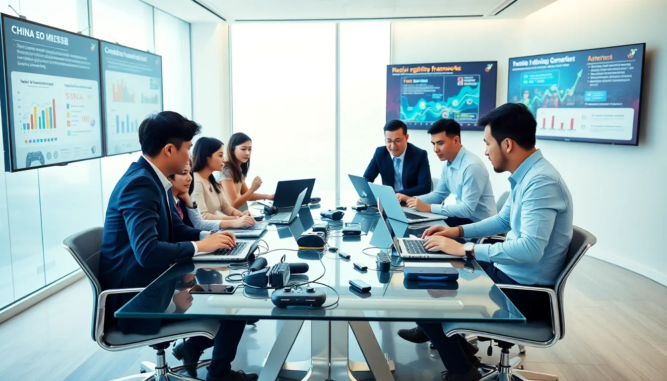 diverse team discussing China's gaming industry developments in a modern office.